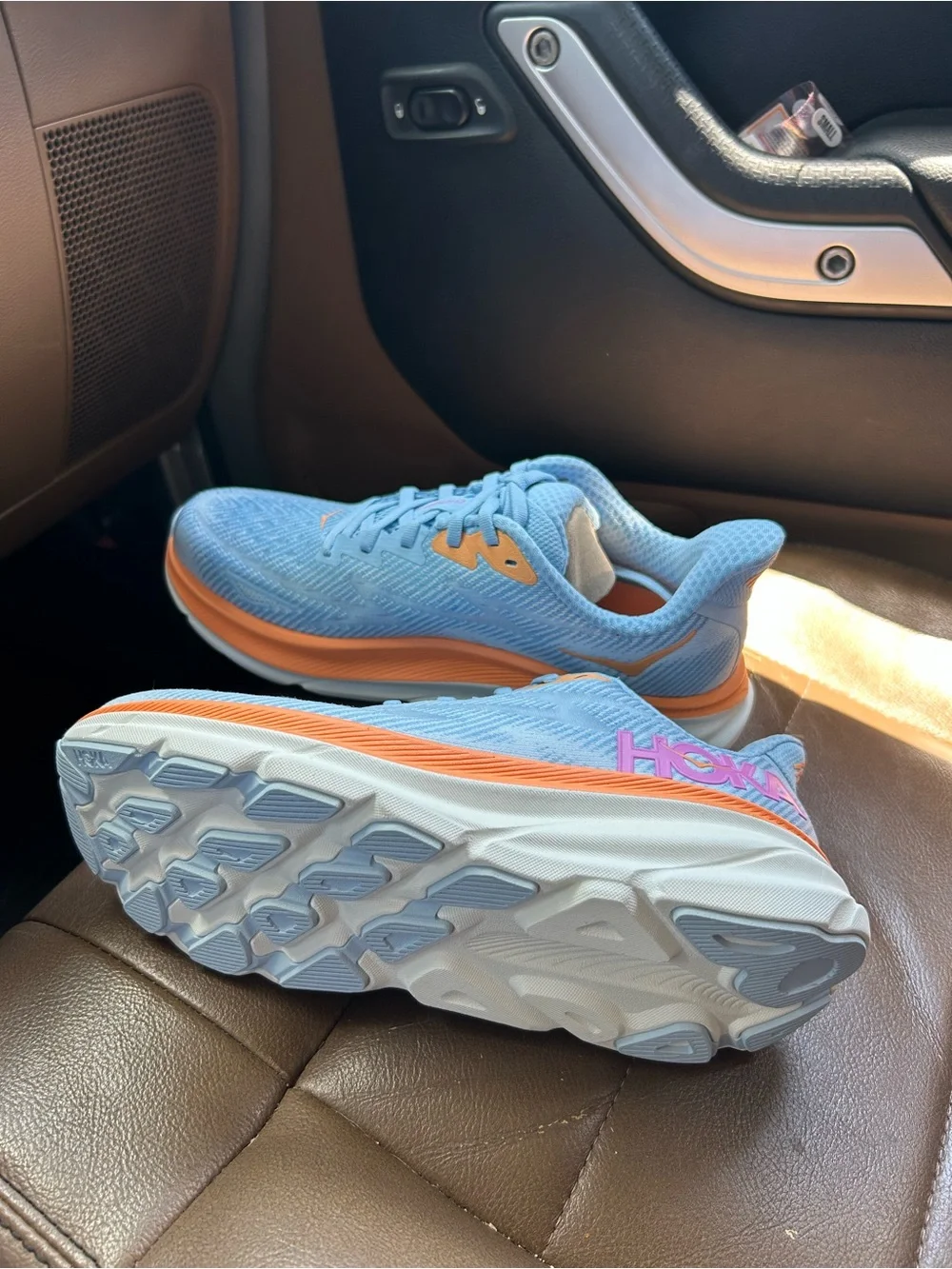 Hokas Light Blue and Peach Women's Running Shoes